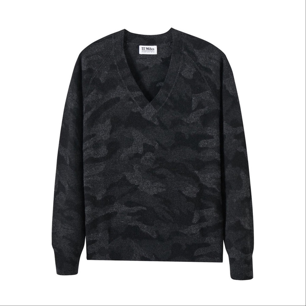 27 Miles ‘Nani’ V-Neck 100% Cashmere Sweater in “Gravel” Gray Camouflage Size L